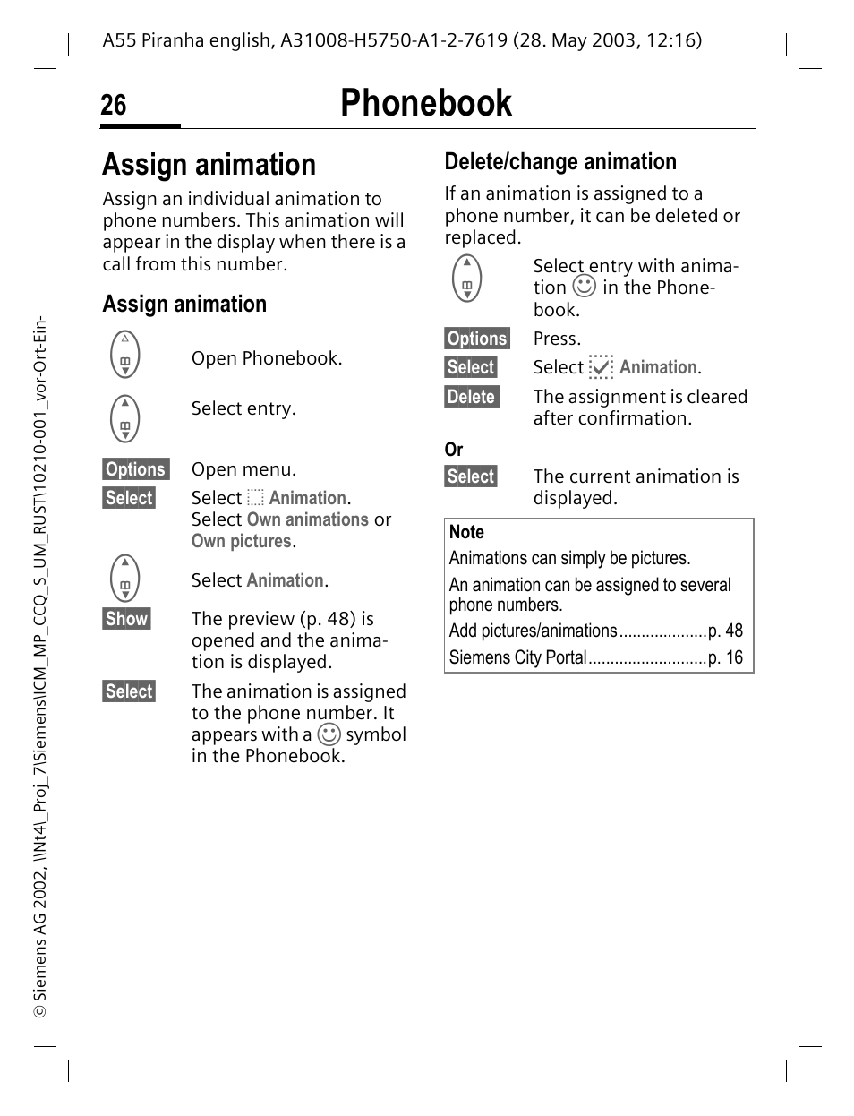 Assign animation, Delete/change animation, R (p. 26) | Location, P. 26), Phonebook | Siemens A55 User Manual | Page 27 / 97