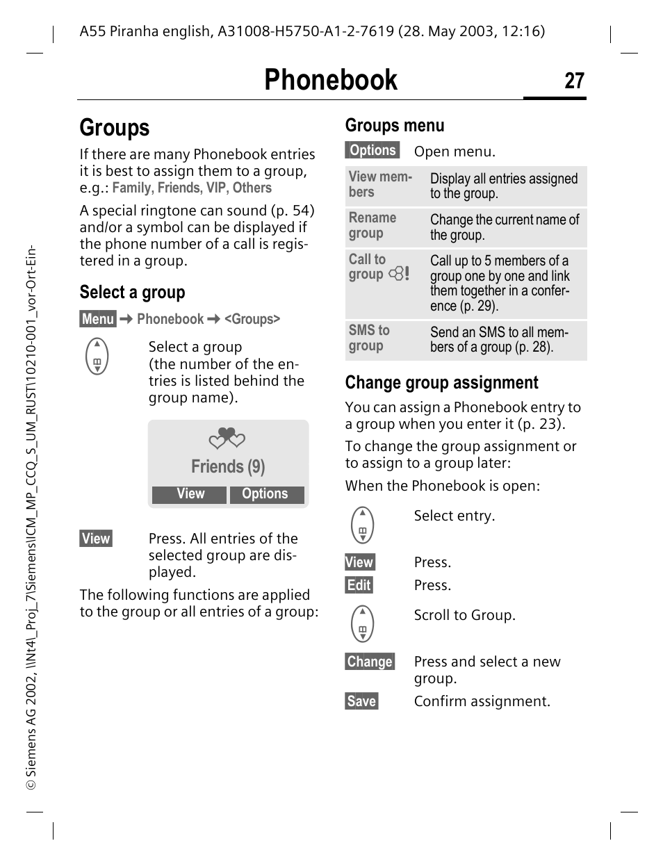 Groups, Select a group, Groups menu | Change group assignment, P. 27) for, P. 27, S (p. 27), Phonebook, Friends (9) | Siemens A55 User Manual | Page 28 / 97