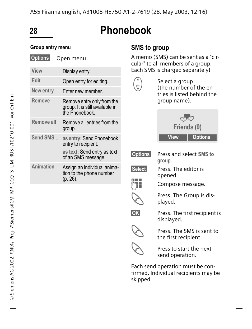 Sms to group, P (p. 28), Phonebook | Friends (9) | Siemens A55 User Manual | Page 29 / 97