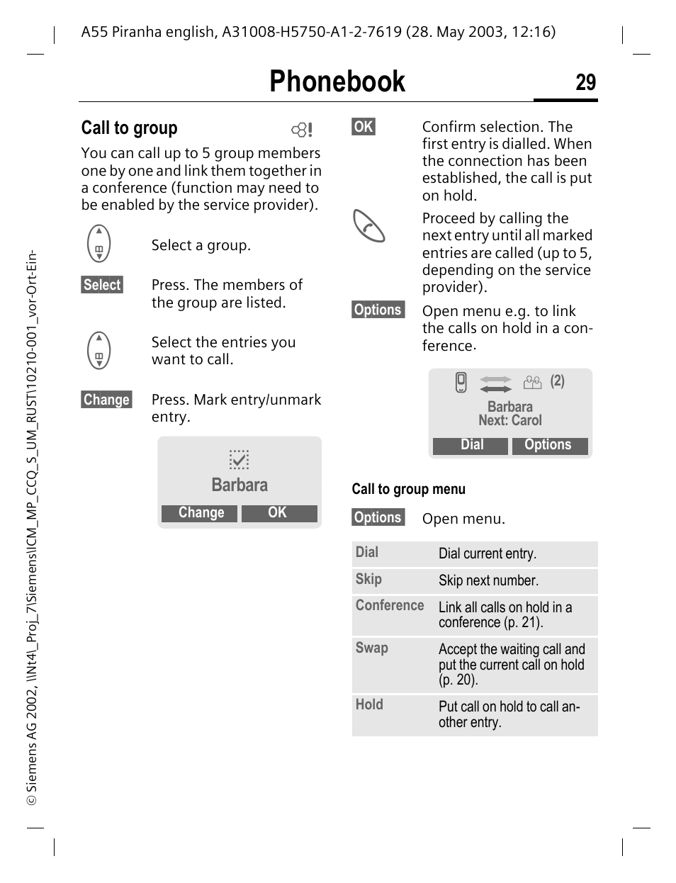 Call to group, E (p. 29), Phonebook | Barbara | Siemens A55 User Manual | Page 30 / 97