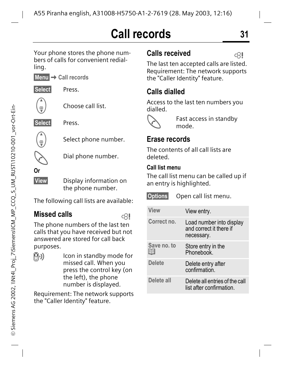 Call records, Missed calls, Calls received | Calls dialled, Erase records, P. 31 | Siemens A55 User Manual | Page 32 / 97