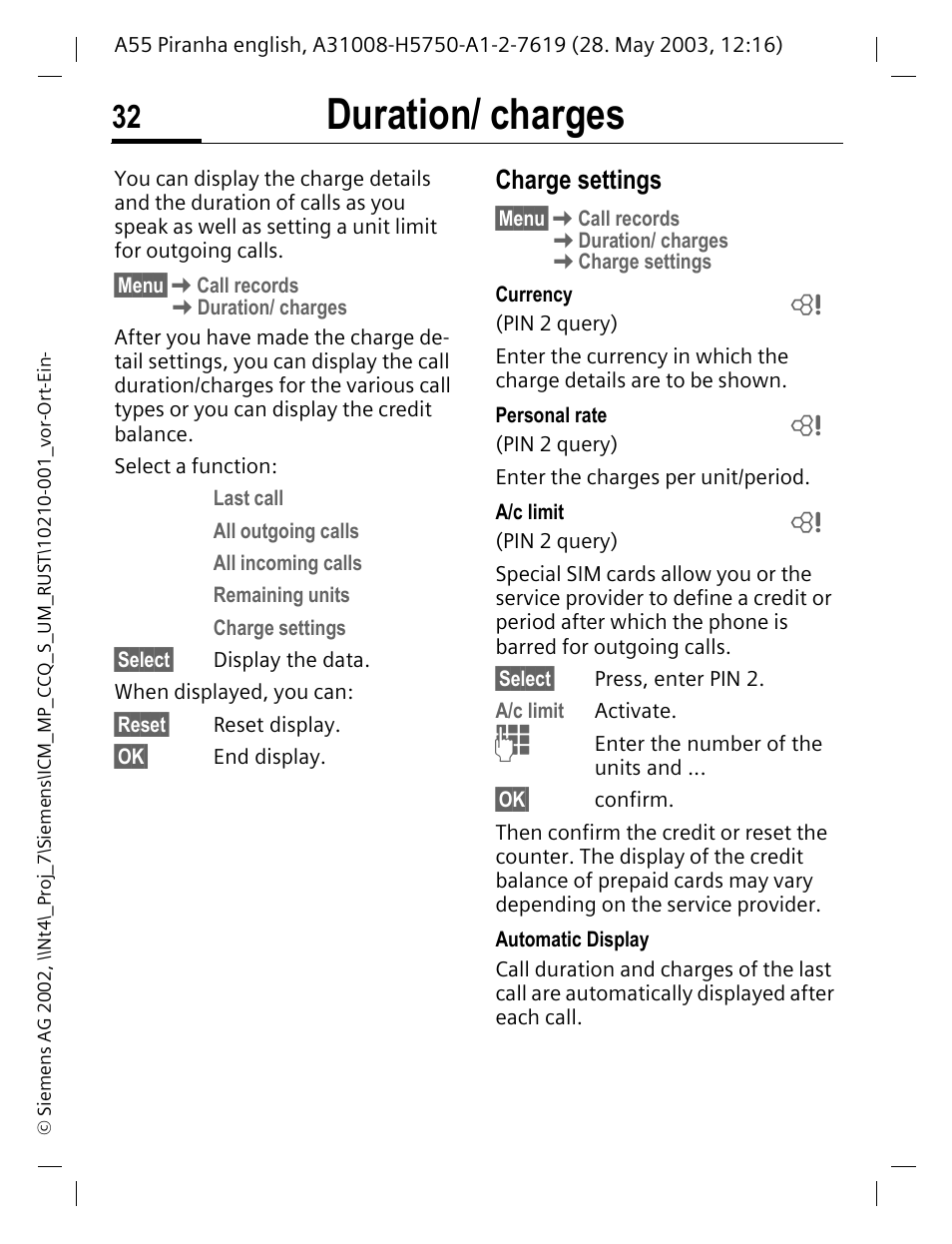 Duration/ charges, Charge settings, P. 32) t | Siemens A55 User Manual | Page 33 / 97