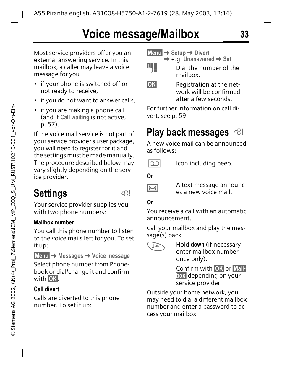 Voice message/ mailbox, Voice message/mailbox, Settings | Play back messages | Siemens A55 User Manual | Page 34 / 97