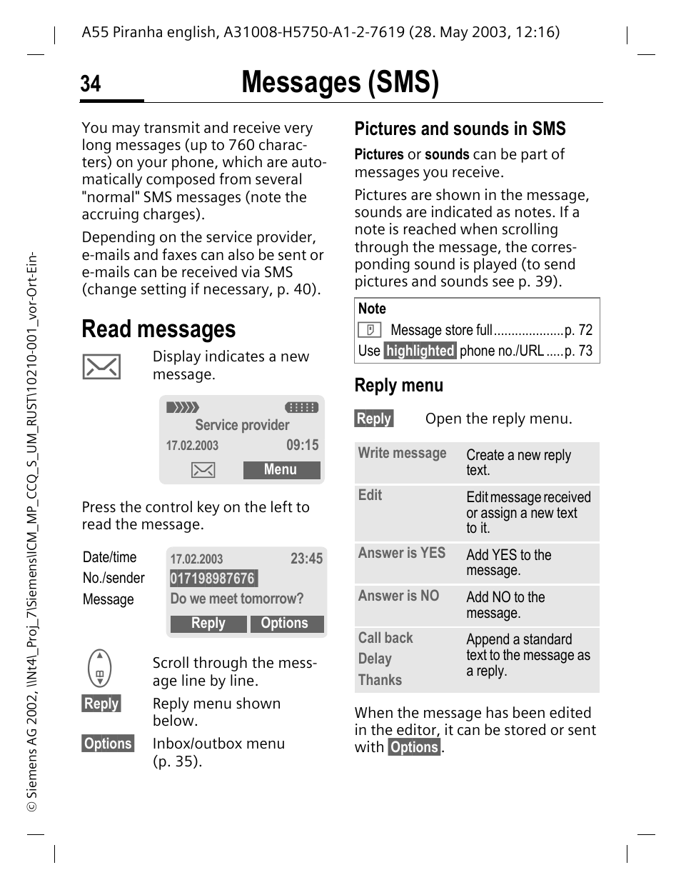 Messages (sms), Read messages, Pictures and sounds in sms | Reply menu | Siemens A55 User Manual | Page 35 / 97