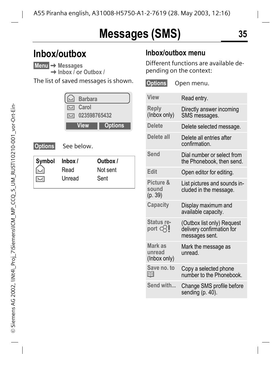 Inbox/outbox, Inbox/outbox menu, P. 35) | Messages (sms) | Siemens A55 User Manual | Page 36 / 97