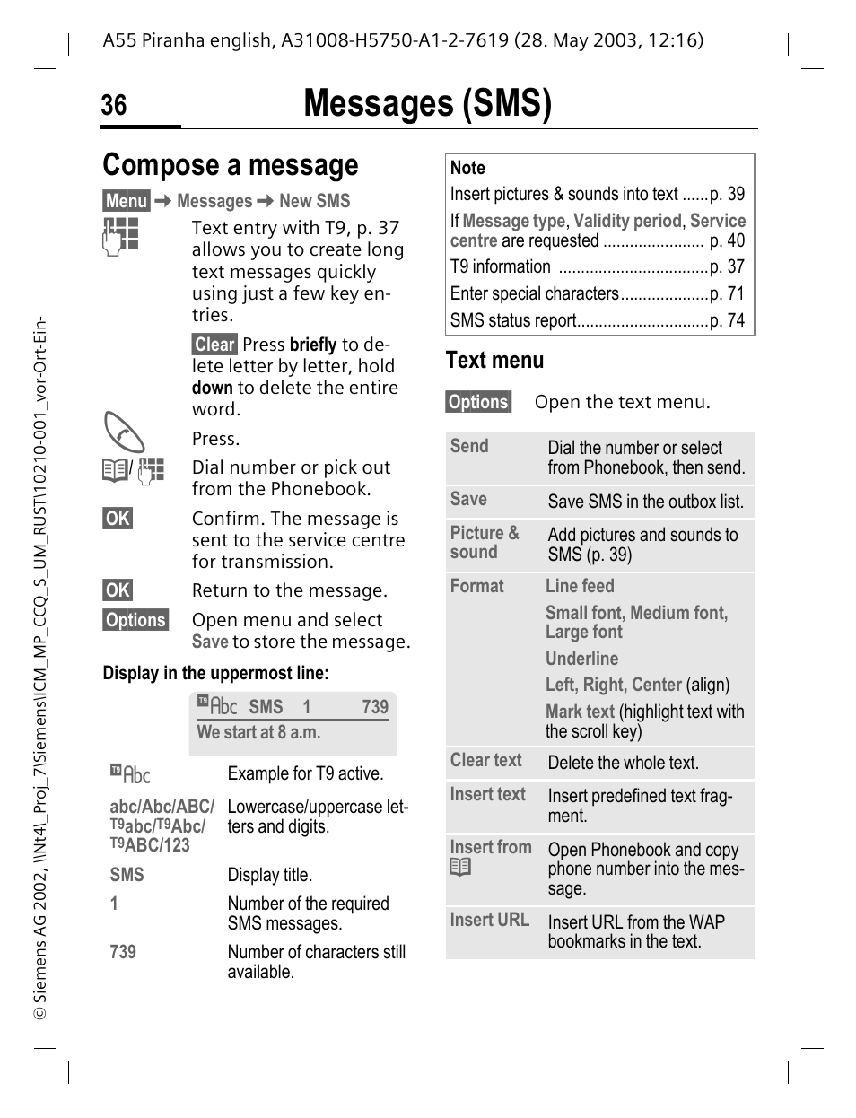 Compose a message, Text menu, P. 36 | Messages (sms) | Siemens A55 User Manual | Page 37 / 97