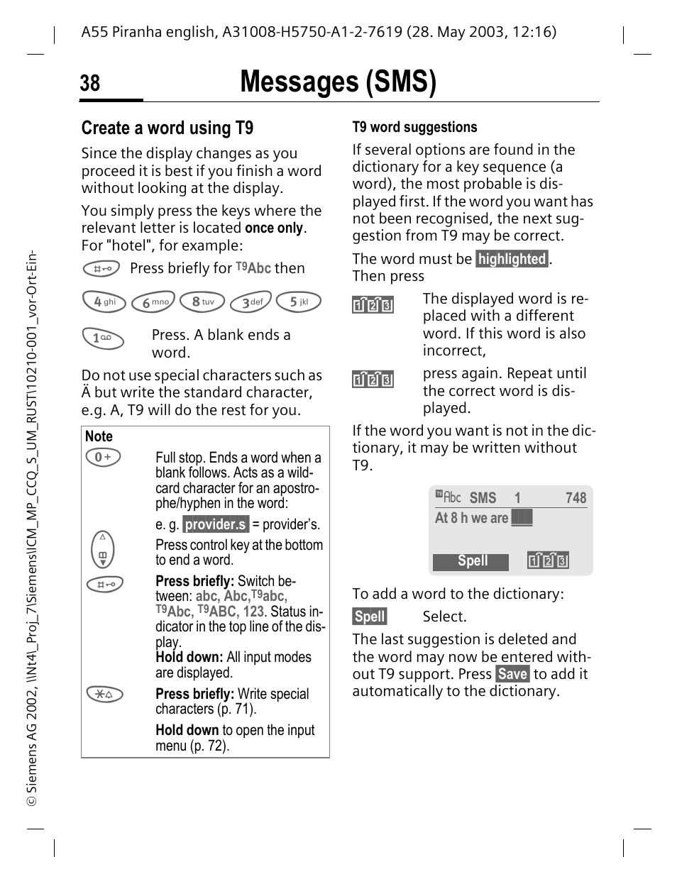 Create a word using t9, Messages (sms) | Siemens A55 User Manual | Page 39 / 97