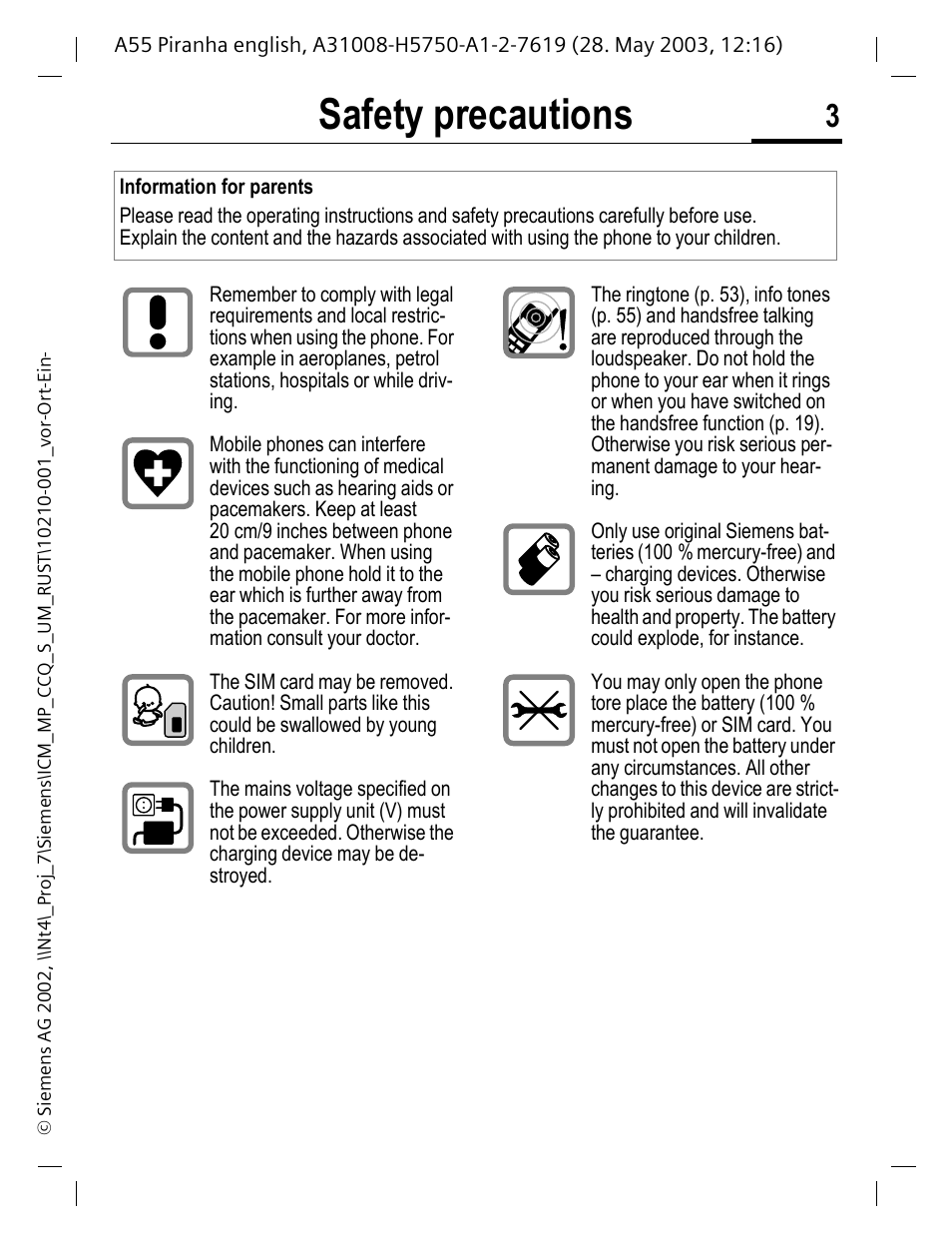 Safety precautions | Siemens A55 User Manual | Page 4 / 97