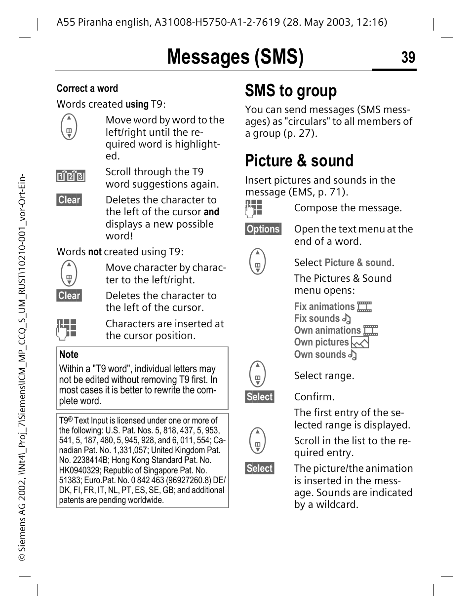 Sms to group, Picture & sound, Es and sounds see p. 39 | P. 39, Sms (p. 39), Messages (sms) | Siemens A55 User Manual | Page 40 / 97