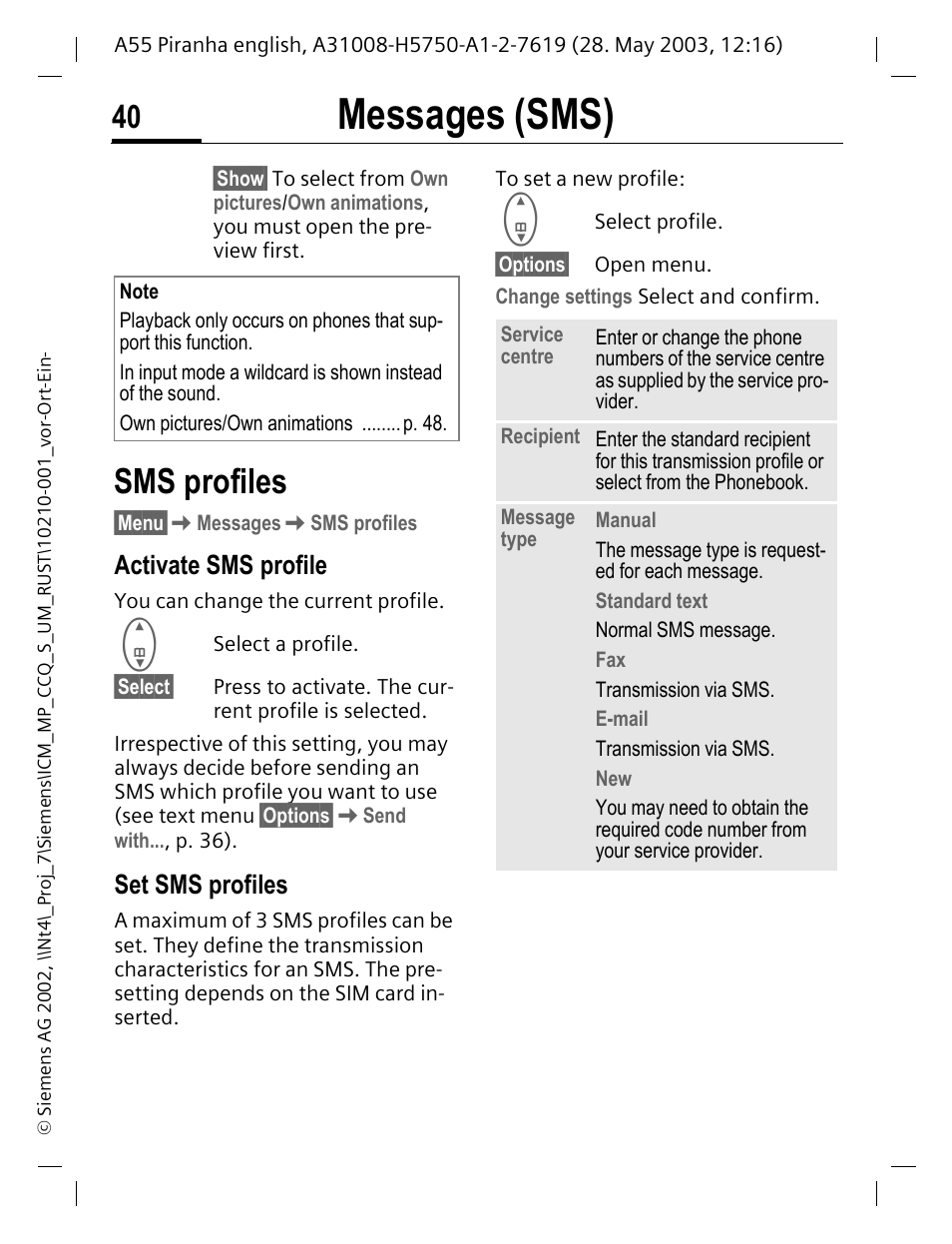 Sms profiles, Activate sms profile, Set sms profiles | P. 40), P. 40, Messages (sms) | Siemens A55 User Manual | Page 41 / 97