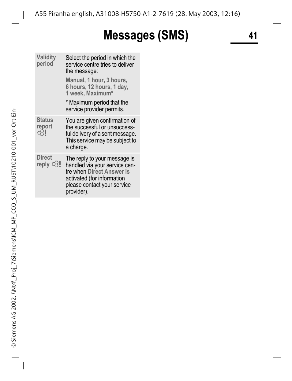 Messages (sms) | Siemens A55 User Manual | Page 42 / 97