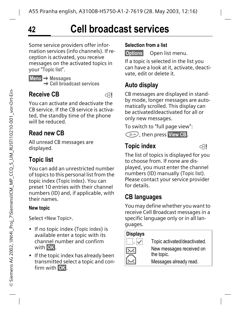 Cell broadcast services, Receive cb, Read new cb | Topic list, Auto display, Topic index, Cb languages | Siemens A55 User Manual | Page 43 / 97