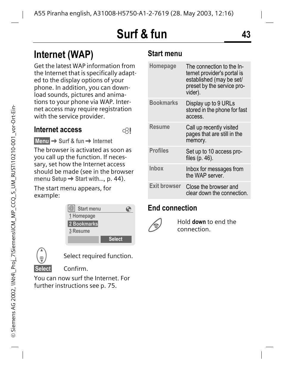 Surf & fun, Internet (wap), Internet access | Start menu, End connection, Start menu end connection | Siemens A55 User Manual | Page 44 / 97