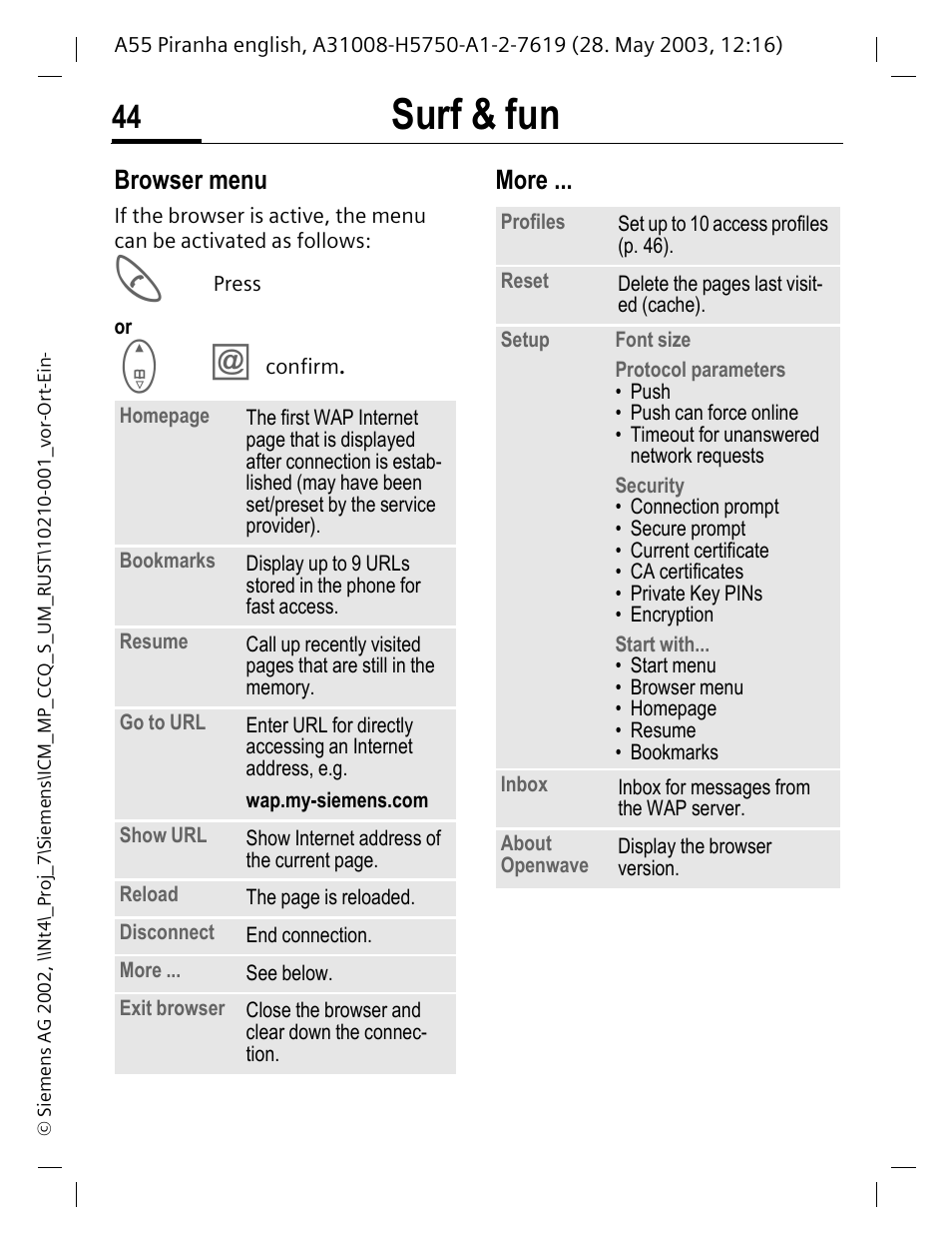 Browser menu, More, E brow | P. 44, Surf & fun | Siemens A55 User Manual | Page 45 / 97