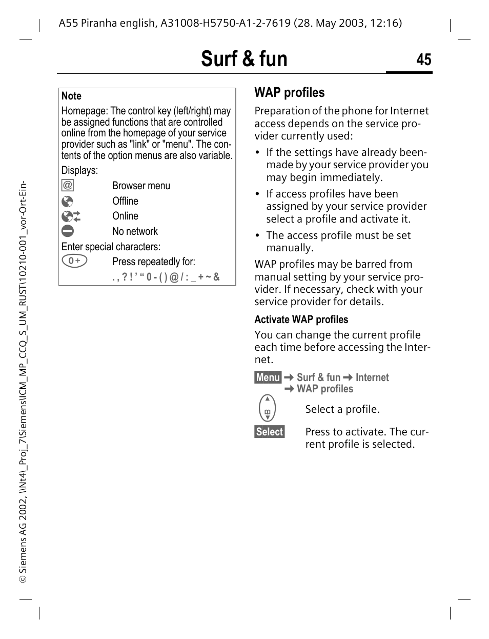 Wap profiles, Surf & fun | Siemens A55 User Manual | Page 46 / 97