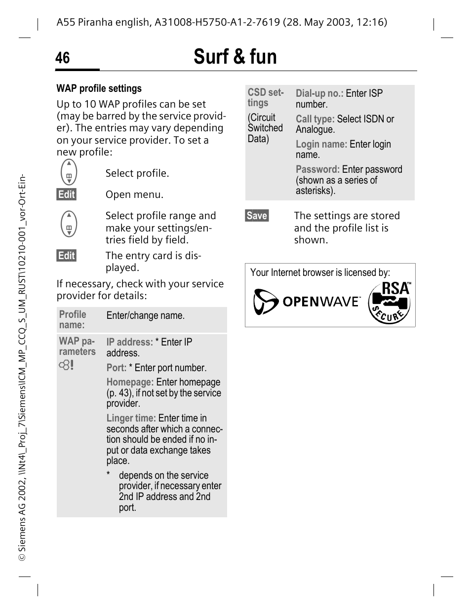 P. 46), Surf & fun | Siemens A55 User Manual | Page 47 / 97