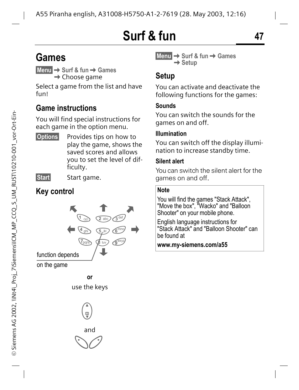 Games, Game instructions, Key control | Setup, Surf & fun | Siemens A55 User Manual | Page 48 / 97