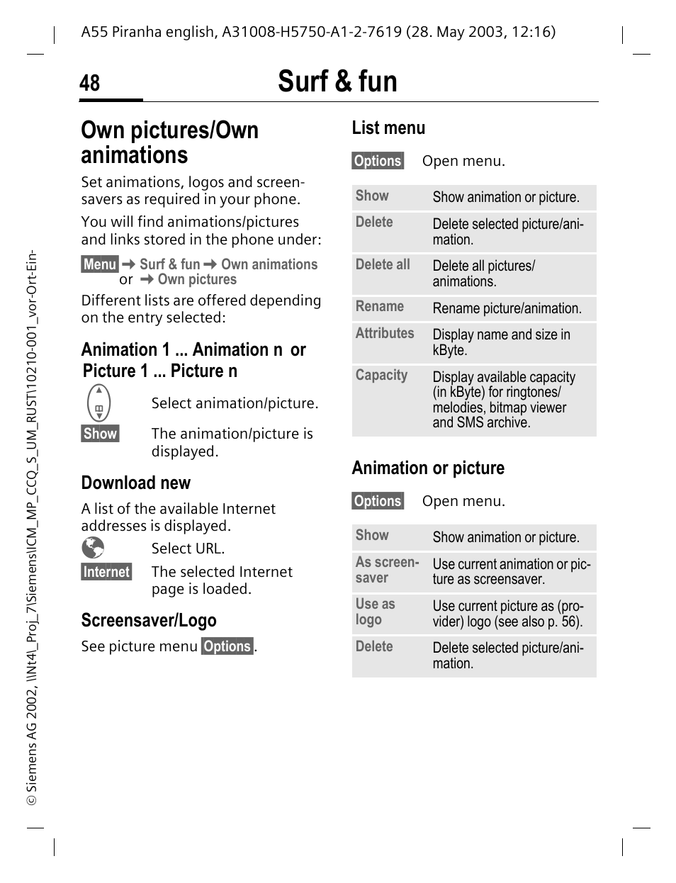 Own pictures/own animations, Download new, Screensaver/logo | List menu, Animation or picture, Own pictures/ own animations, P. 48) is, P. 48, Surf & fun | Siemens A55 User Manual | Page 49 / 97