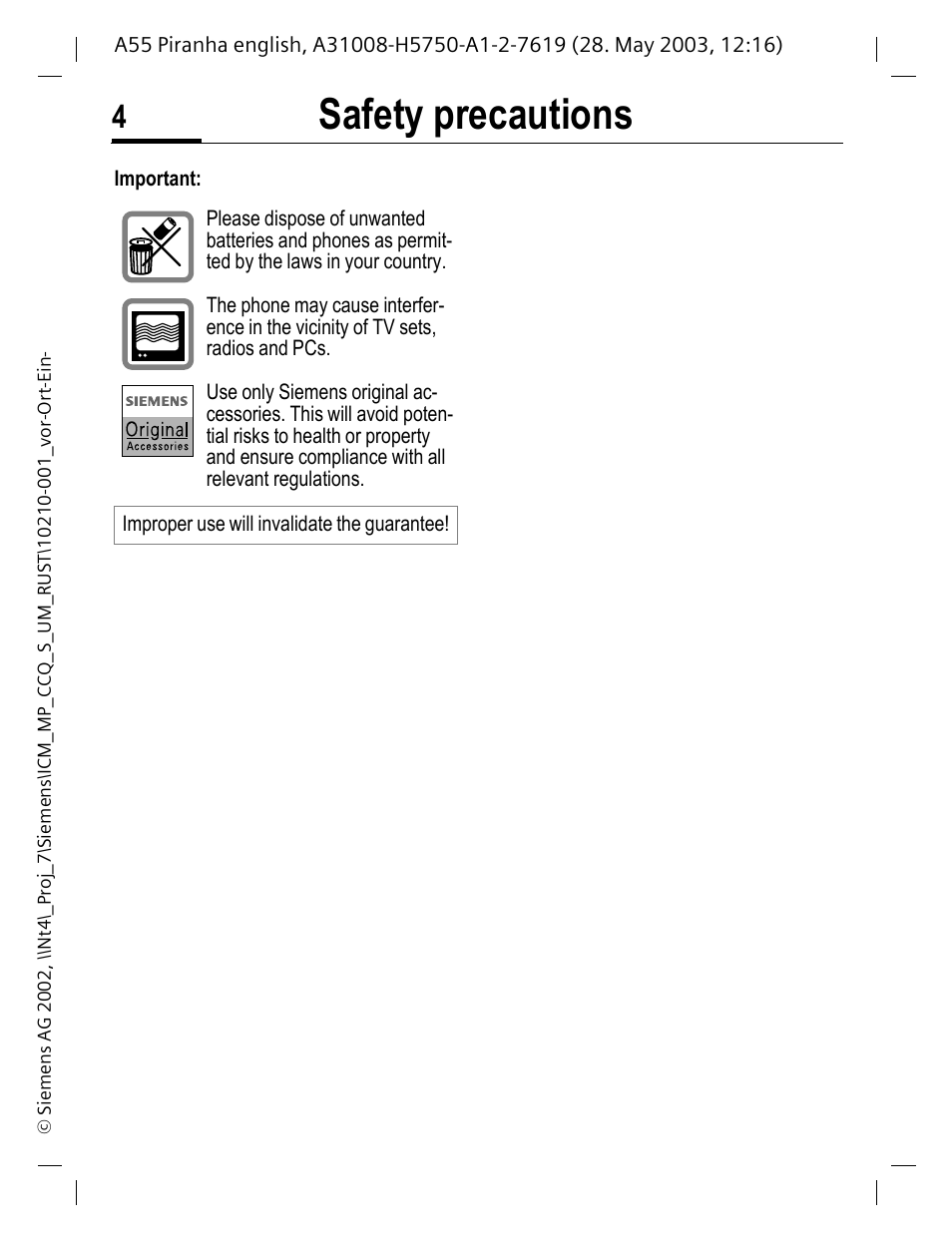 Safety precautions | Siemens A55 User Manual | Page 5 / 97