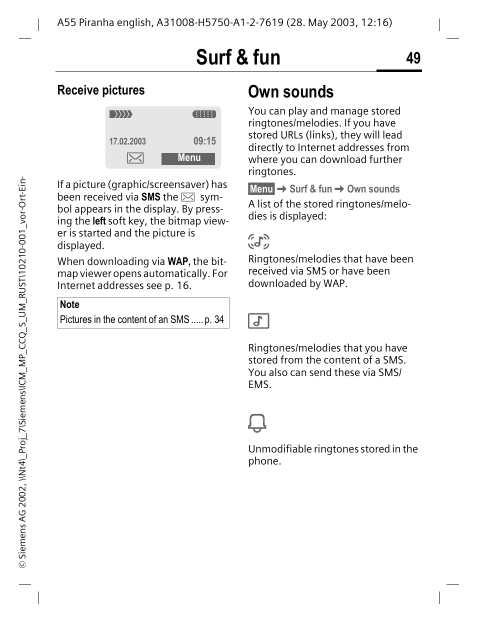 Receive pictures, Own sounds, Surf & fun | Siemens A55 User Manual | Page 50 / 97