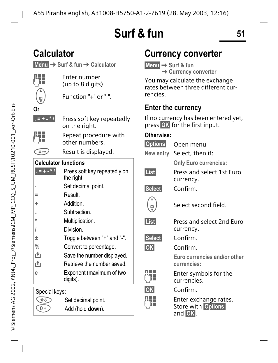 Calculator, Currency converter, Enter the currency | Calculator currency converter, Surf & fun | Siemens A55 User Manual | Page 52 / 97