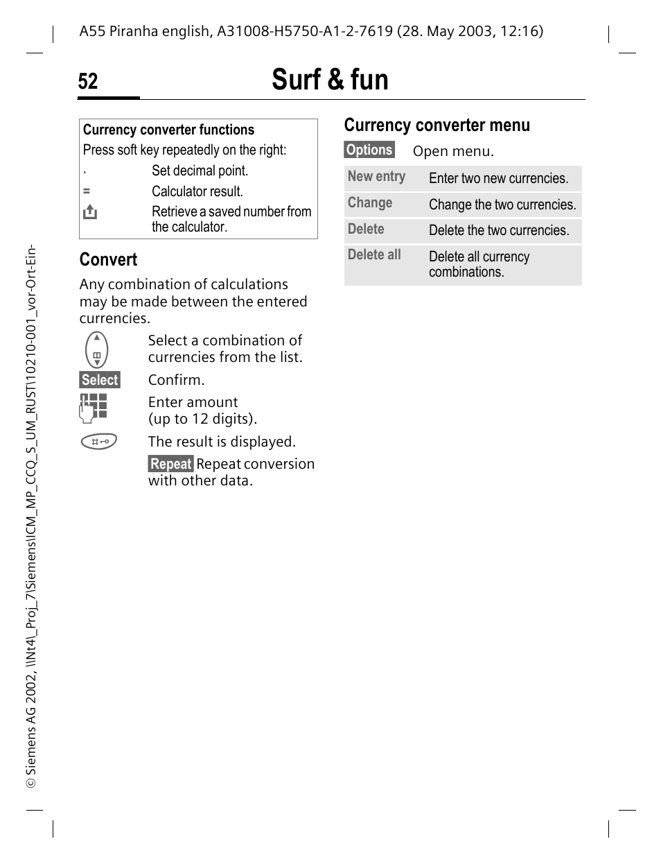 Convert, Currency converter menu, Surf & fun | Siemens A55 User Manual | Page 53 / 97