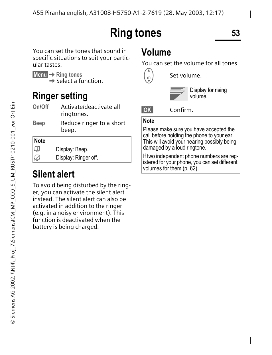 Ring tones, One (p. 53), Ringer setting | Silent alert, Volume | Siemens A55 User Manual | Page 54 / 97