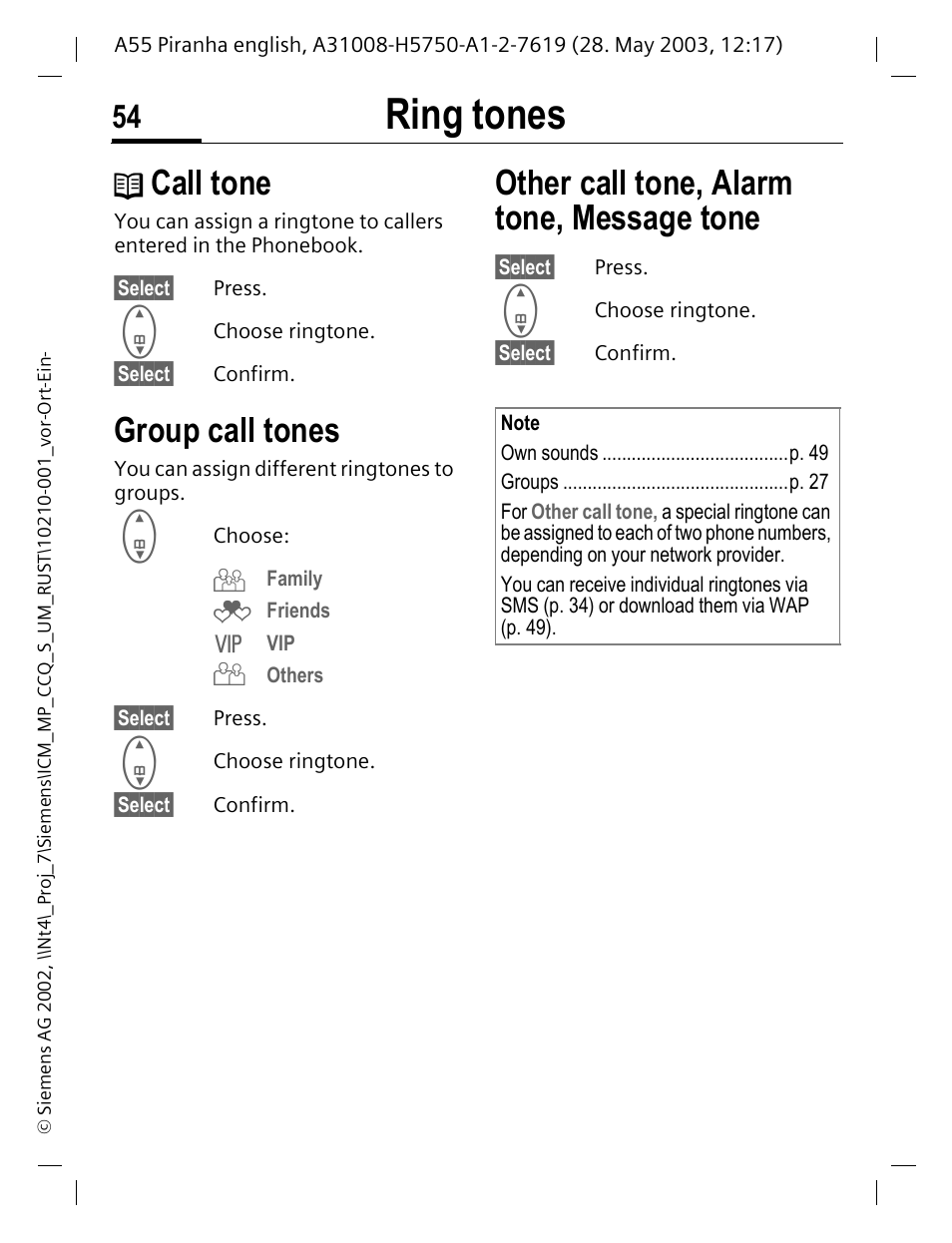 D (p. 54), Ring tones, Call tone | Group call tones, Other call tone, alarm tone, message tone | Siemens A55 User Manual | Page 55 / 97