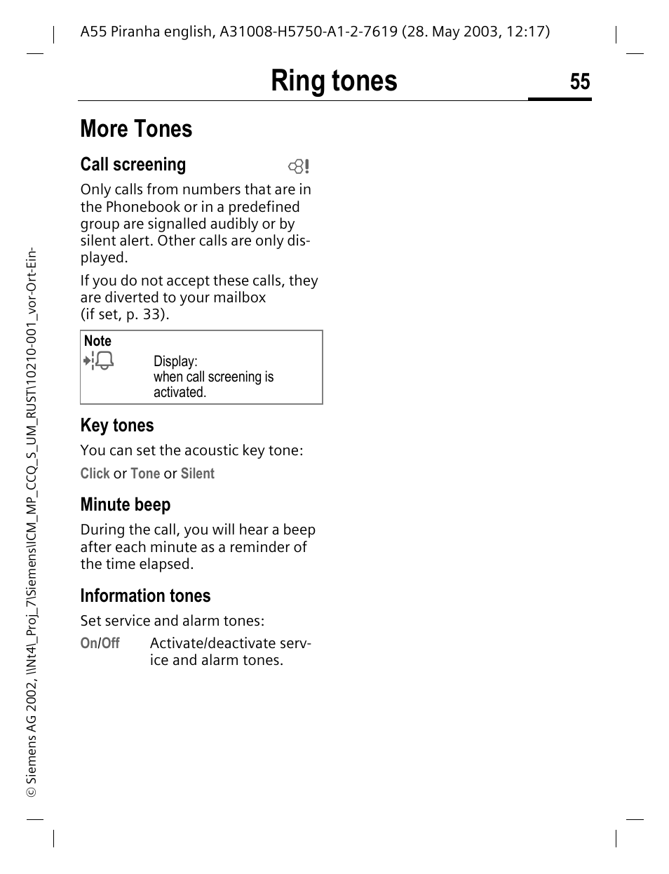 Call screening, Key tones, Minute beep | Information tones, P. 55), Ring tones, More tones | Siemens A55 User Manual | Page 56 / 97