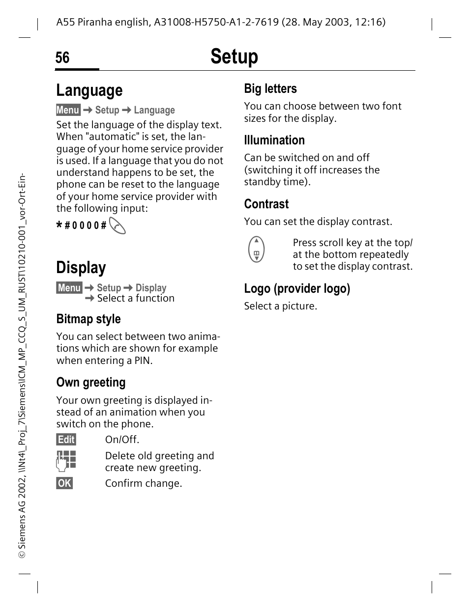 Setup, Language, Display | Bitmap style, Own greeting, Big letters, Illumination, Contrast, Logo (provider logo), P. 56 | Siemens A55 User Manual | Page 57 / 97