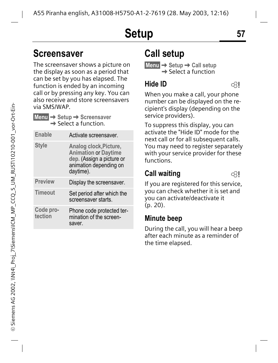 Screensaver, Call setup, Hide id | Call waiting, Minute beep, Screensaver call setup, P. 57, Logo, screensaver, animation, Screensaver (p. 57). the s, Setup | Siemens A55 User Manual | Page 58 / 97