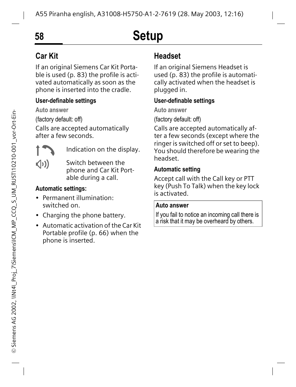 Car kit, Headset, Setup | Siemens A55 User Manual | Page 59 / 97