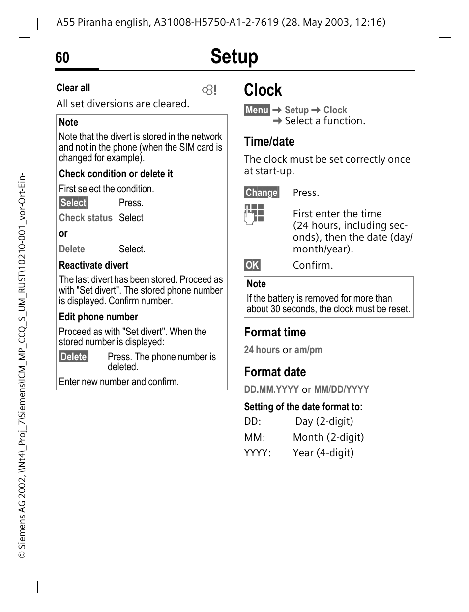 Clock, Time/date, Format time | Format date, P. 60, Setup | Siemens A55 User Manual | Page 61 / 97