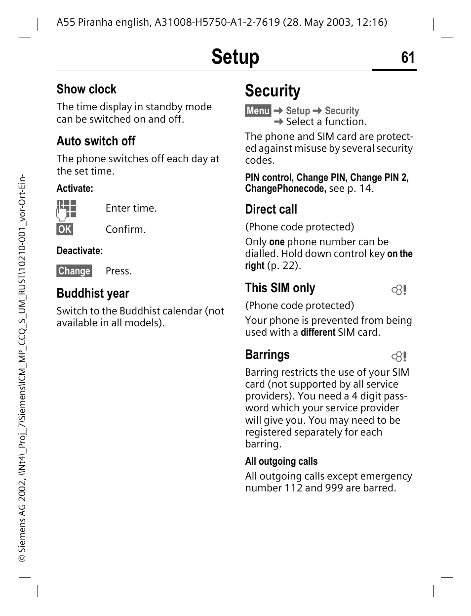 Show clock, Auto switch off, Buddhist year | Security, Direct call, This sim only, Barrings, P. 61, Setup | Siemens A55 User Manual | Page 62 / 97