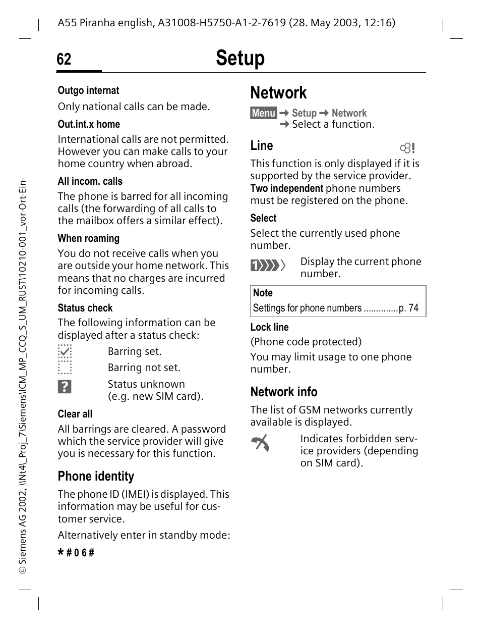 Phone identity, Network, Line | Network info, Setup | Siemens A55 User Manual | Page 63 / 97