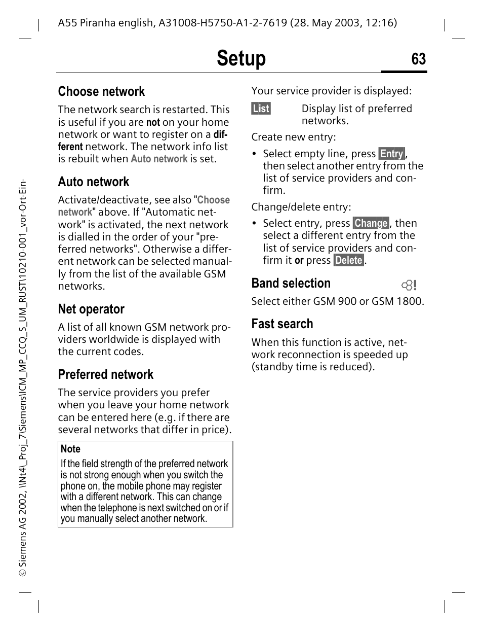 Choose network, Auto network, Net operator | Preferred network, Band selection, Fast search, P. 63, Setup | Siemens A55 User Manual | Page 64 / 97