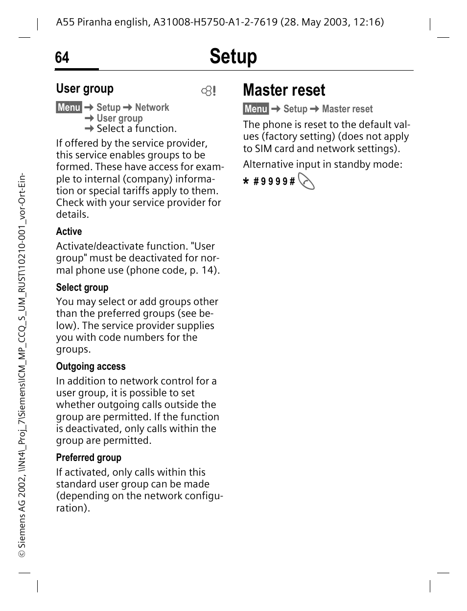 User group, Master reset, Setup | Siemens A55 User Manual | Page 65 / 97