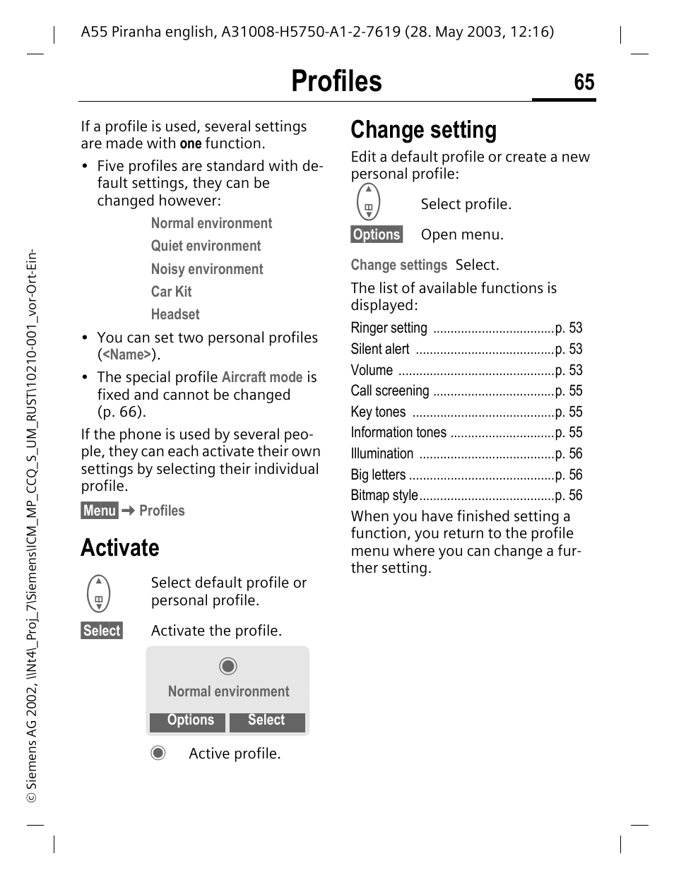 Profiles, Change setting, Activate | Siemens A55 User Manual | Page 66 / 97