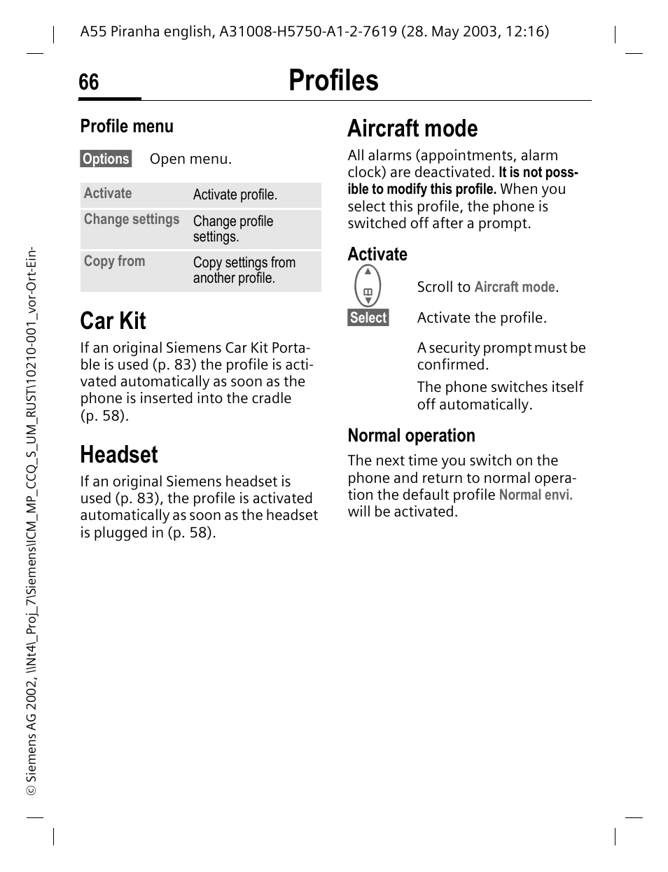 Profile menu, Car kit, Headset | Aircraft mode, Activate, Normal operation, P. 66), Profiles | Siemens A55 User Manual | Page 67 / 97
