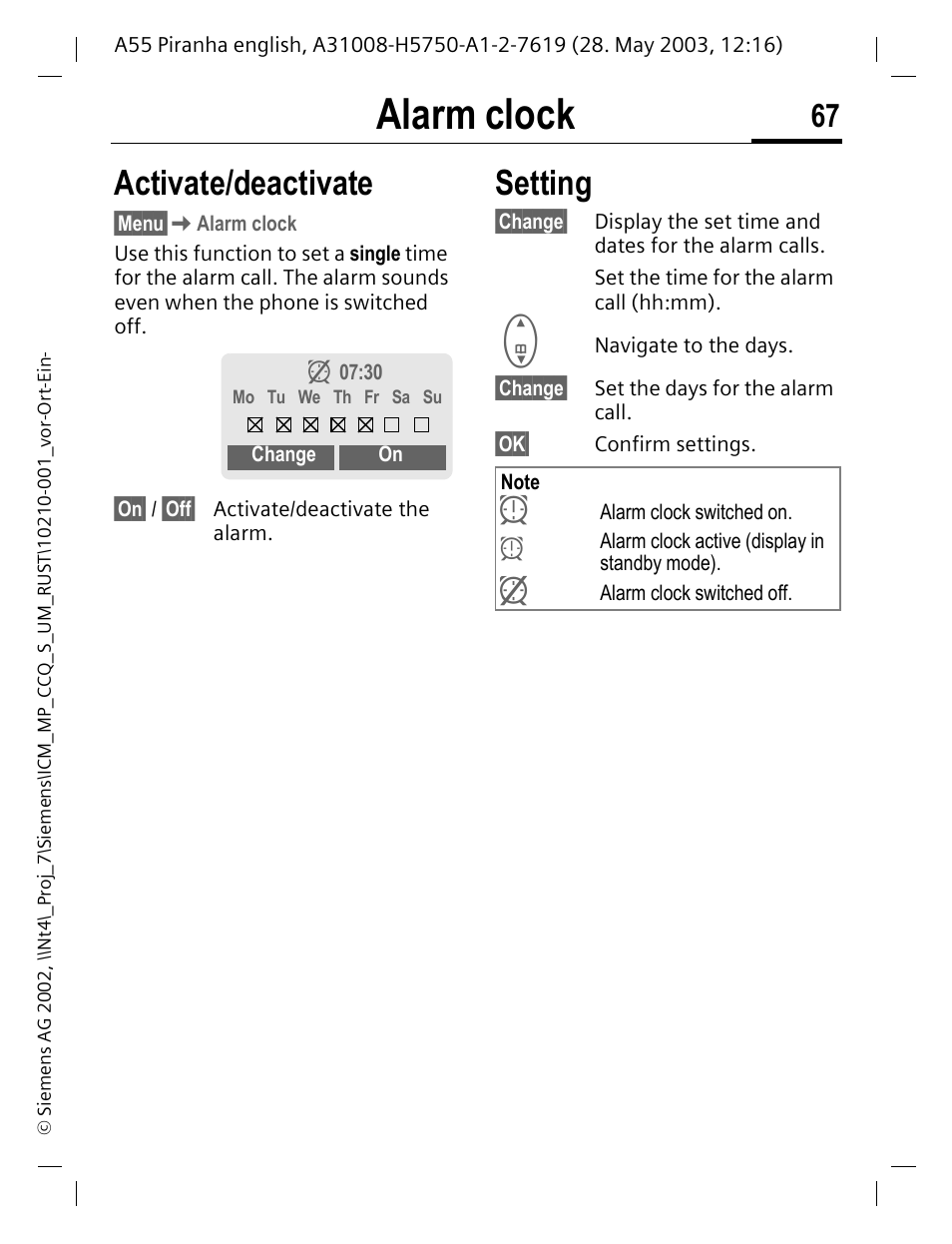 Alarm clock, Activate/deactivate, Setting | Siemens A55 User Manual | Page 68 / 97