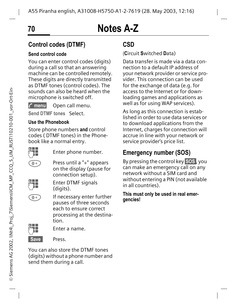 Notes a-z, Control codes (dtmf), Emergency number (sos) | P. 70, P. 70) | Siemens A55 User Manual | Page 71 / 97