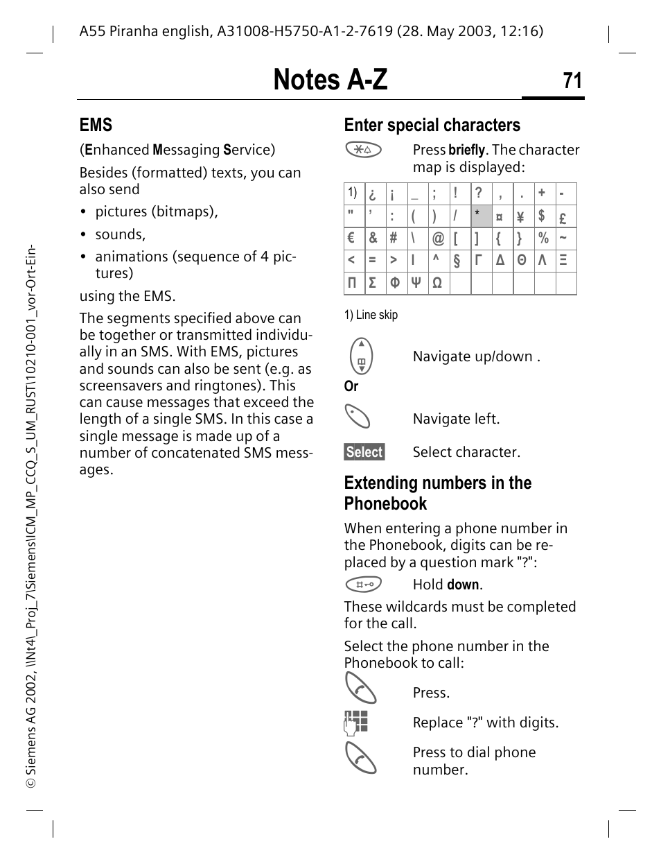 Enter special characters, Extending numbers in the phonebook, P. 71 | Siemens A55 User Manual | Page 72 / 97