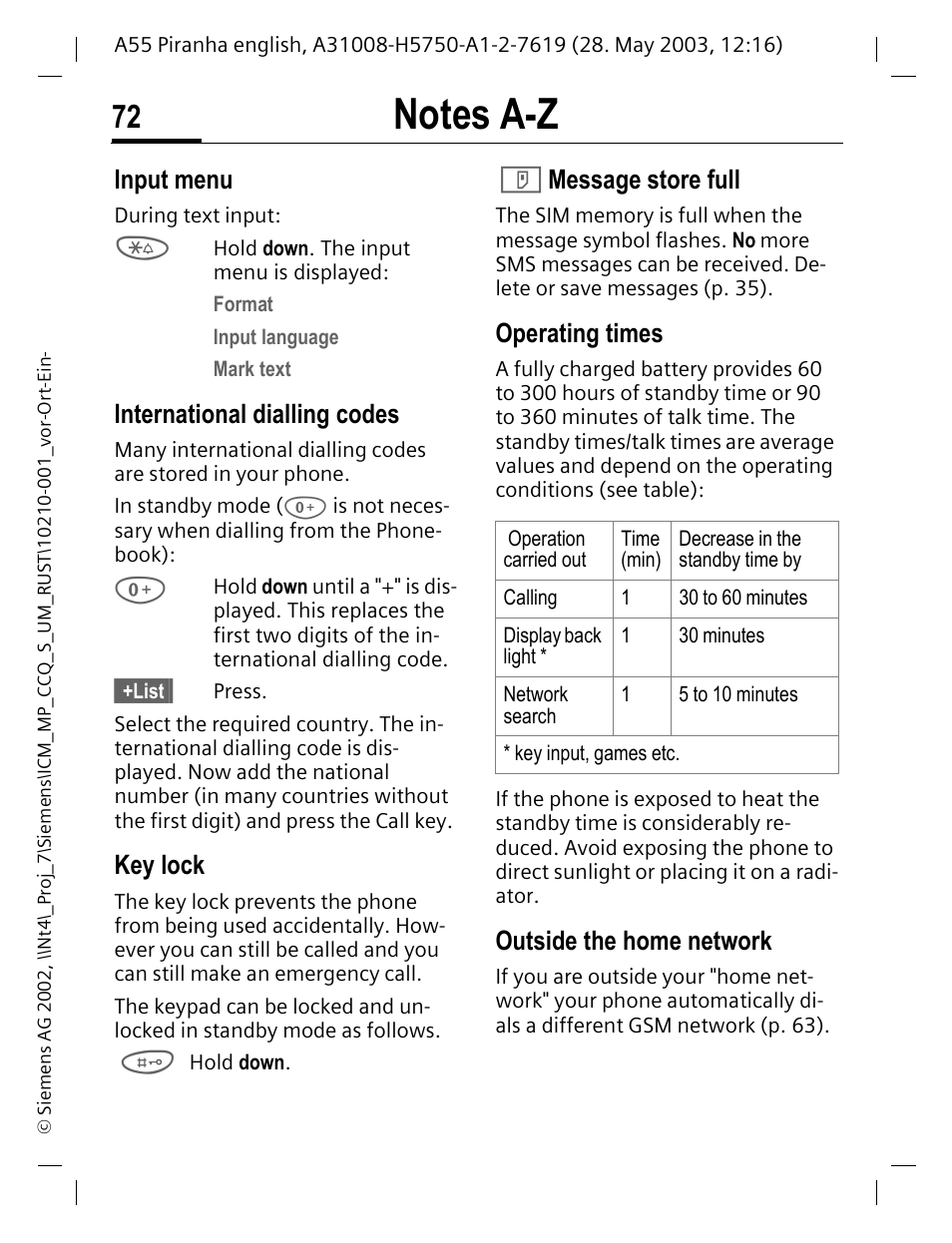 Input menu, International dialling codes, Key lock | T message store full, Operating times, Outside the home network, P. 72, P. 72 key lock, Message store full | Siemens A55 User Manual | Page 73 / 97