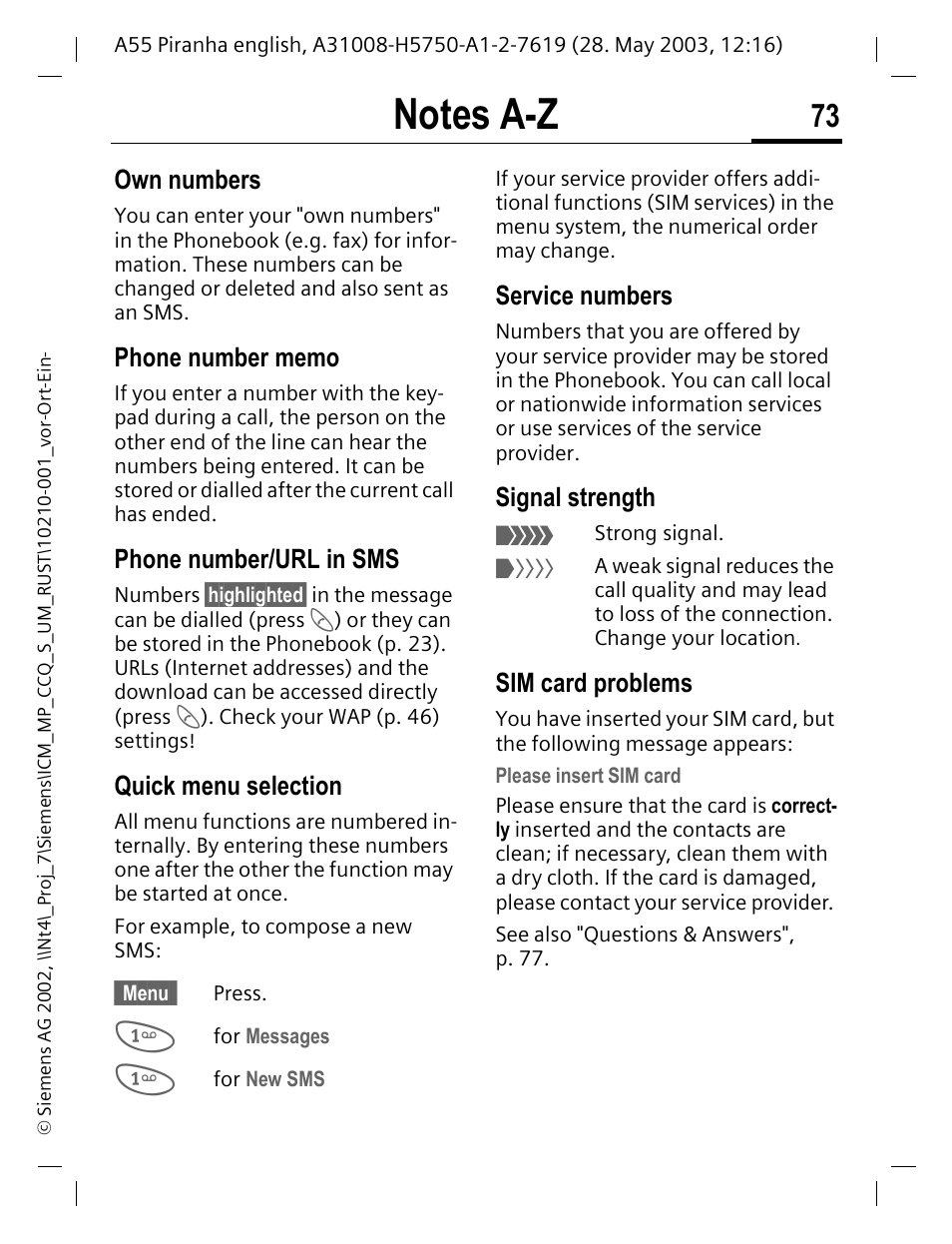 Own numbers, Phone number memo, Phone number/url in sms | Quick menu selection, Service numbers, Signal strength, Sim card problems, P. 73 | Siemens A55 User Manual | Page 74 / 97