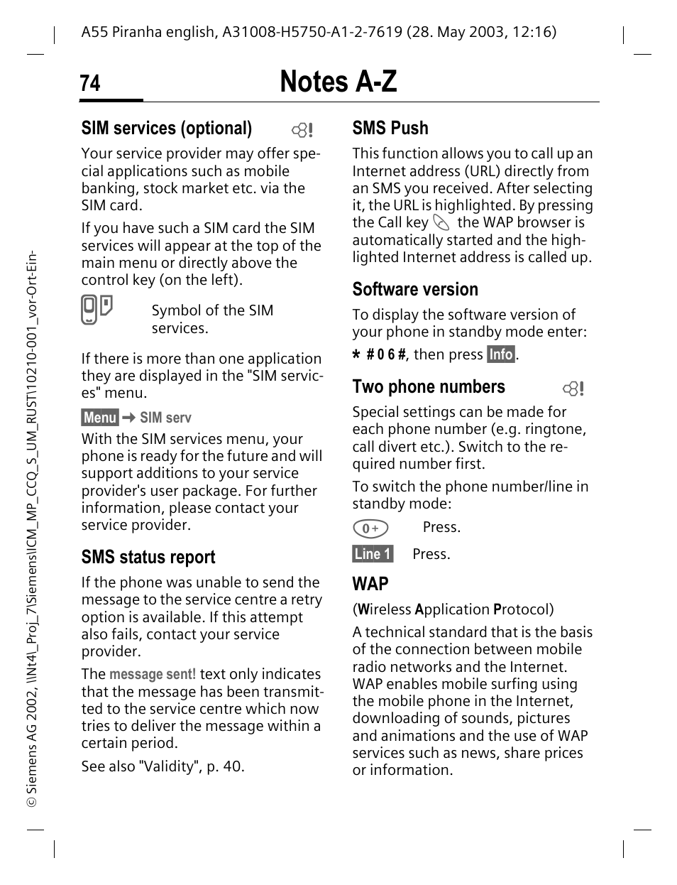 Sim services (optional), Sms status report, Sms push | Software version, Two phone numbers, Line 1§ press, P. 74 | Siemens A55 User Manual | Page 75 / 97