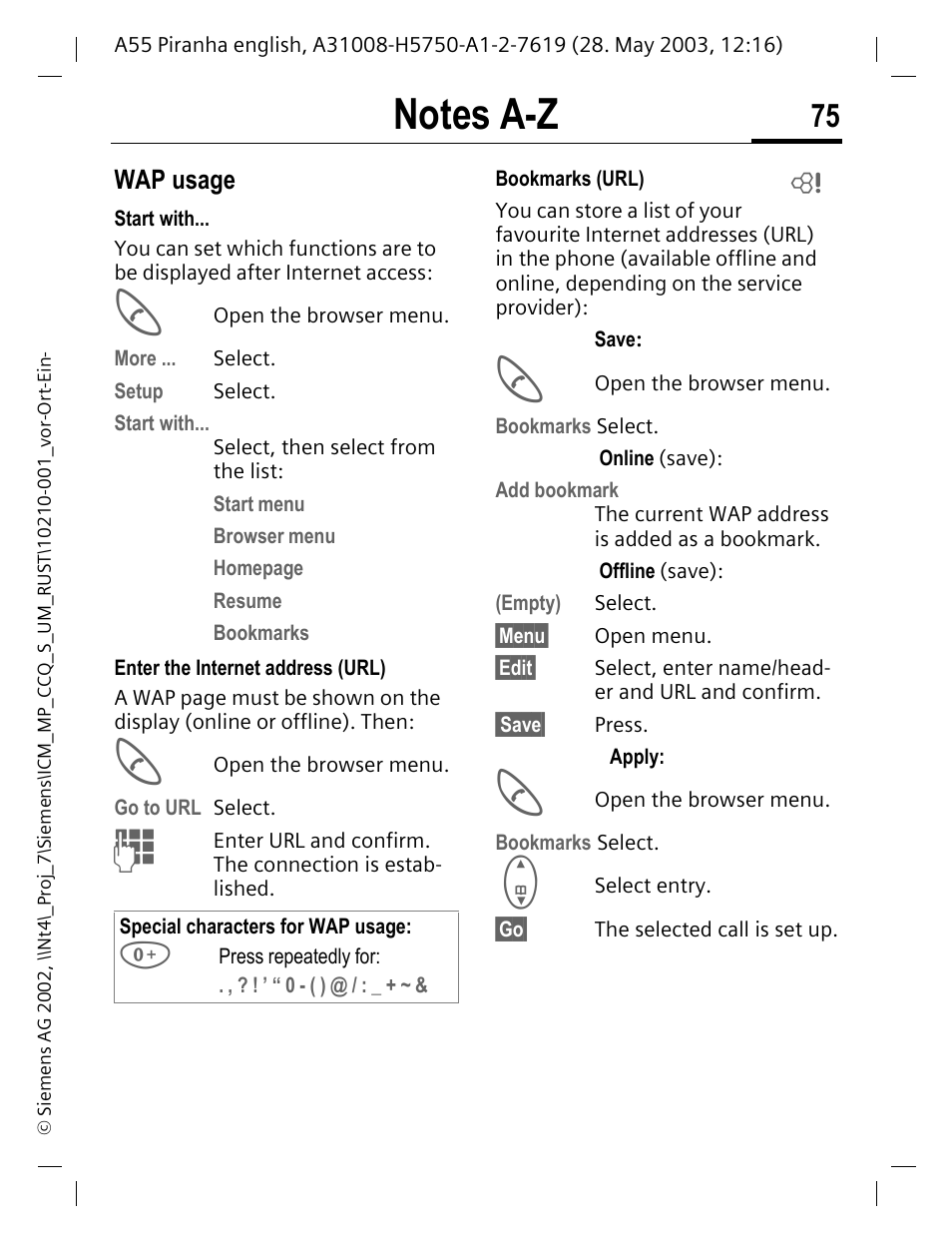 Wap usage, Ructions see p. 75 | Siemens A55 User Manual | Page 76 / 97