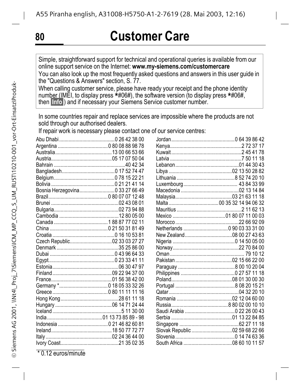 Customer care, E (p. 80) | Siemens A55 User Manual | Page 81 / 97