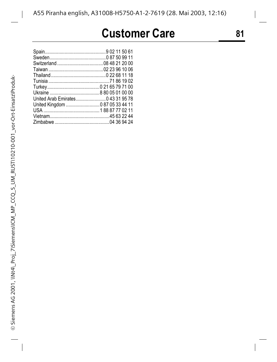 Customer care | Siemens A55 User Manual | Page 82 / 97