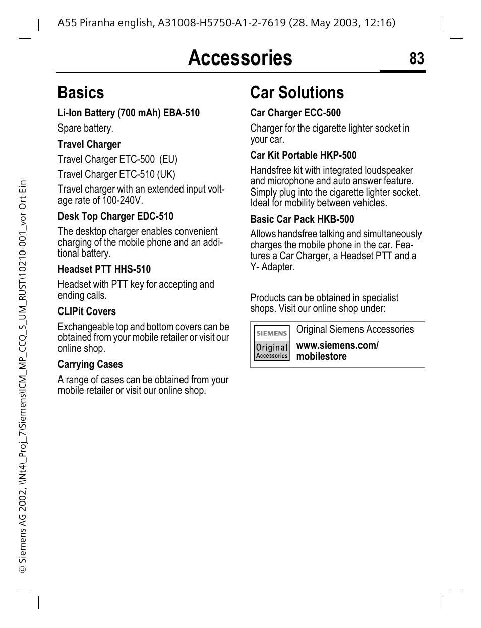 Accessories, Basics, Car solutions | Ed (p. 83) the profi, P. 83), the | Siemens A55 User Manual | Page 84 / 97