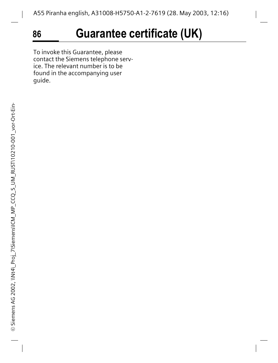 Guarantee certificate (uk) | Siemens A55 User Manual | Page 87 / 97